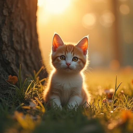 Kitten walks through a forest. Sunlight beams filter through the leaves. Colorful butterflies flutter around the kitten. The kitten is gray with white paws and a white chest.