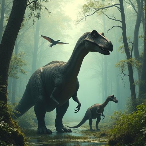 Huge brontosaurus and young brontosaurus standing in a hazy prehistoric swamp eating moss with a pterodactylus flying above in vibrant dark colors.