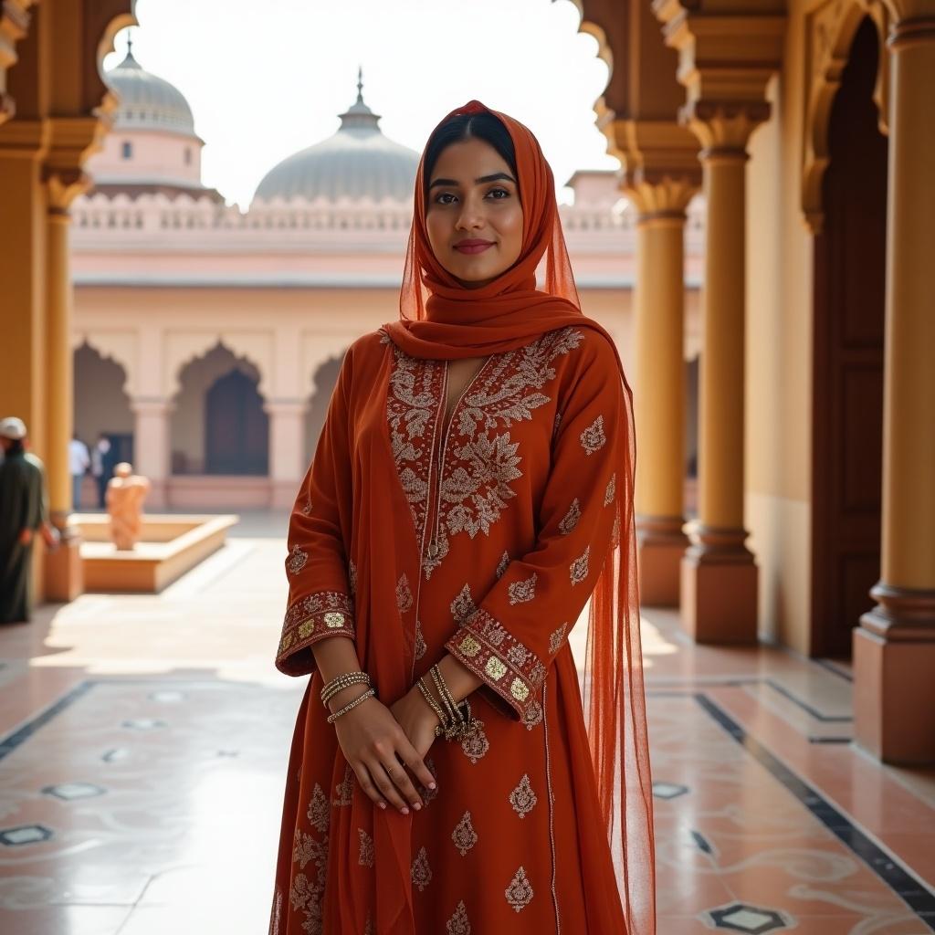 Portrait of a woman wearing hijab in traditional Indian attire. Woman stands confidently in an architectural space with arches and rich colors. Background features cultural elements.