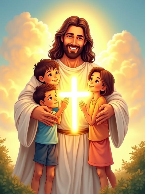 Heartwarming illustration of Jesus Christ surrounded by smiling children. Glowing cross within a magical shield of light. Jesus wears a white robe. Kids of different ethnicities look happy and safe. Bright and colorful background with soft skies and peaceful nature. Emphasis on love and protection.