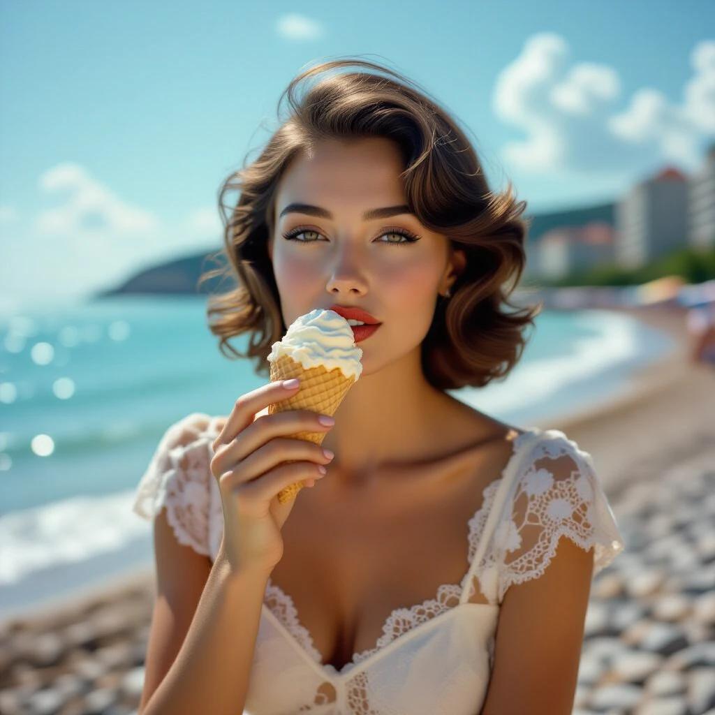 Photorealistic portrait of a woman on a beach. Woman in a lace dress eats ice cream. Shot in Odessa in 1985. Background shows Black Sea coast. Bright summer day. Soft focus creates a vintage appearance. Swirly bokeh effect enhances the dreamy quality.
