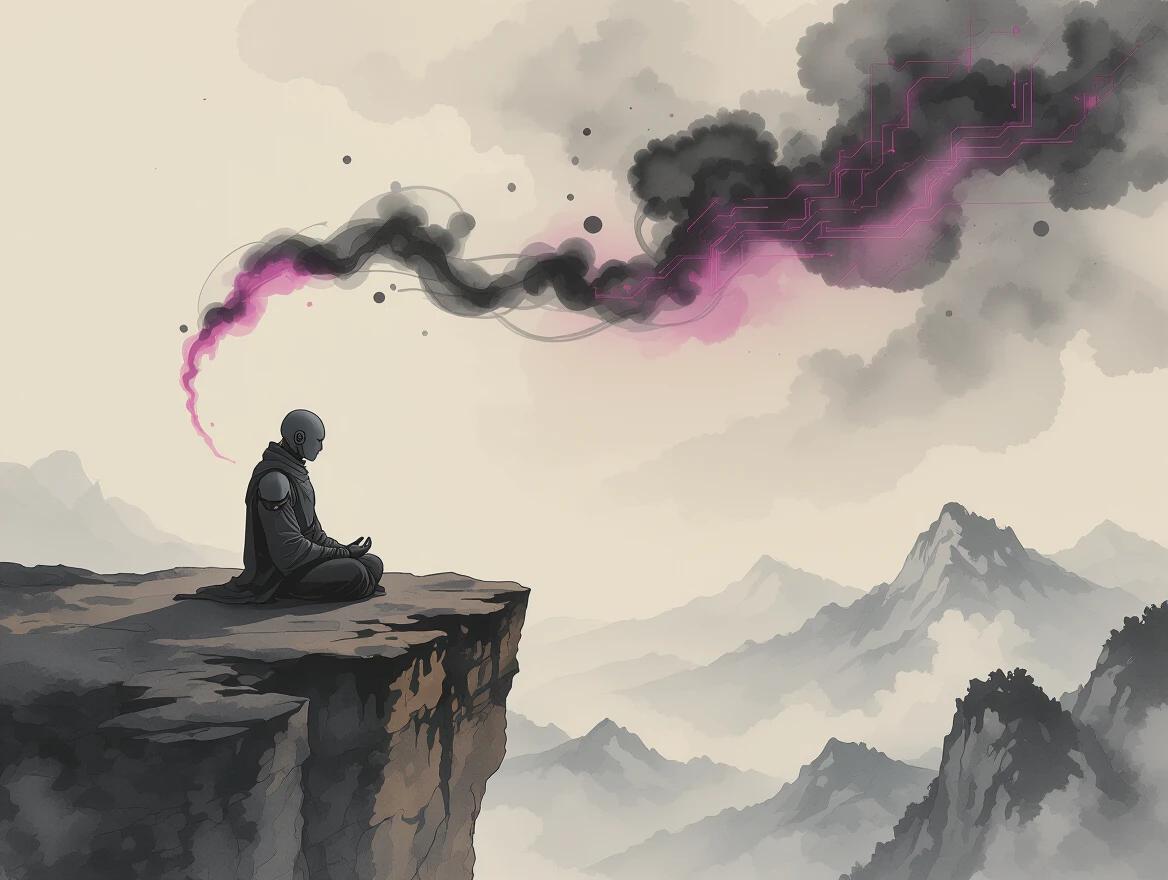 A horizontal landscape features a lone cyborg monk meditating on a cliff edge. The monk sits in the left third of the image. Wind-blown ink splashes curl through the sky. Faint magenta glow from embedded circuitry. Distant mountains are rendered in soft monochrome ink wash. The scene is calm and surreal with a rule-of-thirds composition.