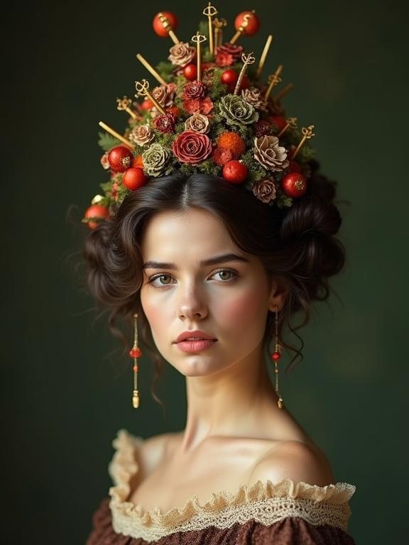 Stylized portrait of a young woman. Light skin and dark brown hair styled into a tall conical shape. Adorned with small round ornaments in red green and gold. Hair styled up in a bun. Wearing a dark brown off-the-shoulder garment with light beige lace trim. Elaborate headdress reminiscent of Art Nouveau. Featuring lace stylized roses and other flowers decorative keys or arrow-like shapes intricate floral and geometric designs. Serious expression with downcast eyes. Even lighting highlighting hair texture and ornaments. Vibrant yet balanced color palette. Festive and slightly whimsical aesthetic. Clean crisp quality and focus on detail. Solid dark color background.