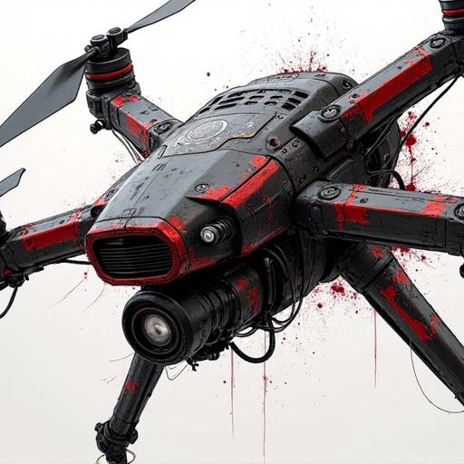 Close-up artwork of a surveillance drone quadcopter. Biopunk ink painting style. Features black colors with red contrasts. The drone has biomechanical aspects and muscle-like textures. In the style of Blame! and Half-Life 2. Includes blades and intricate linework. Presents a Gigerian nightmare aesthetic.