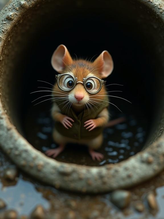 High angle shot of a small field mouse in a circular drainpipe. Mouse has soft light brown fur and wears silver-rimmed spectacles. Mouse looks terrified with a patched leaf vest. Surroundings include murky rainwater and debris. Visible grimy inner wall of the drainpipe.