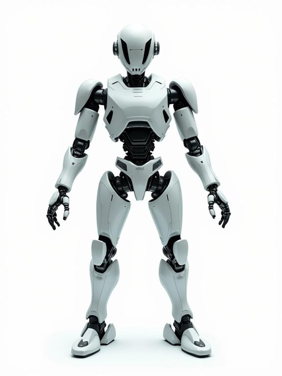 A futuristic sci-fi robot in a t-pose, displayed from the front against a white background.