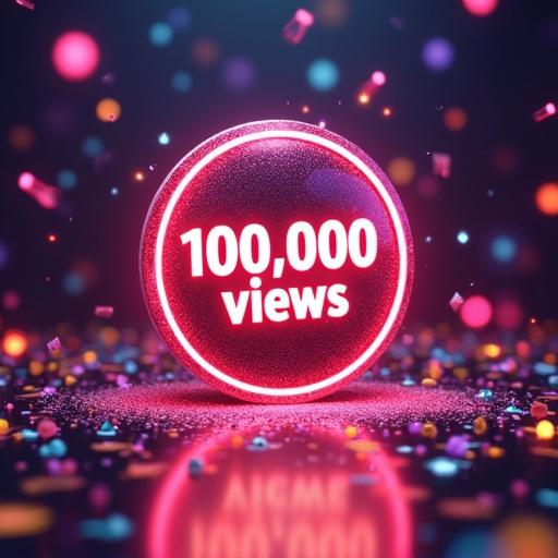 Vibrant digital artwork featuring a large glowing badge displaying '100,000 views' with colorful confetti and dynamic lighting effects. Integrate the channel name stylishly. Highlight excitement and achievement in a modern social media style.