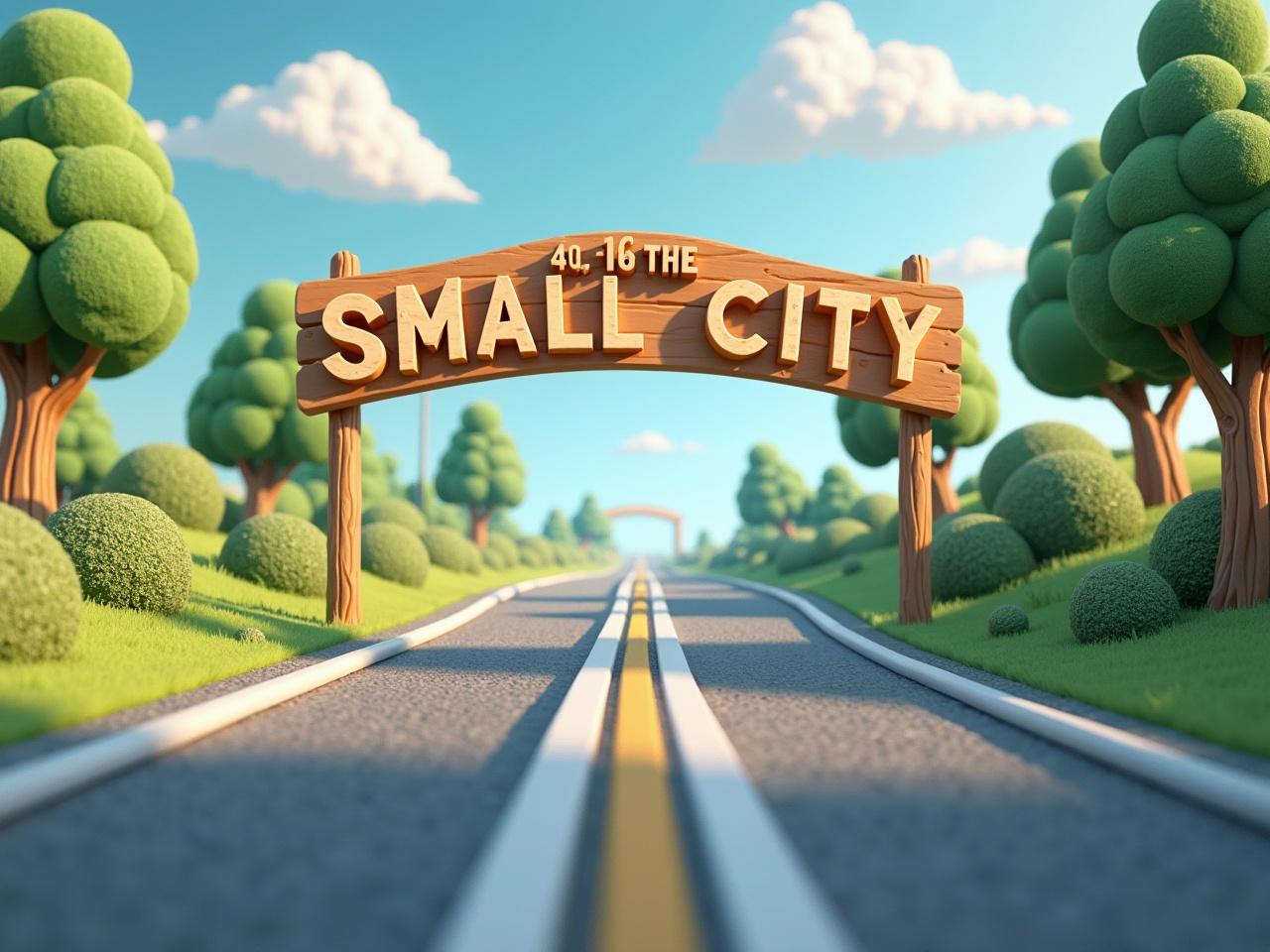 The image depicts a whimsical 3D landscape featuring a road leading to a large wooden sign that reads 'SMALL CITY.' The scene is bright and vibrant, with lush green trees lining the route. The road is realistic with yellow marking lines, drawing attention towards the sign. The sky is bright blue with fluffy clouds, adding to the cheerful atmosphere. This picturesque setting evokes a sense of adventure and curiosity, inviting viewers to explore its charm.