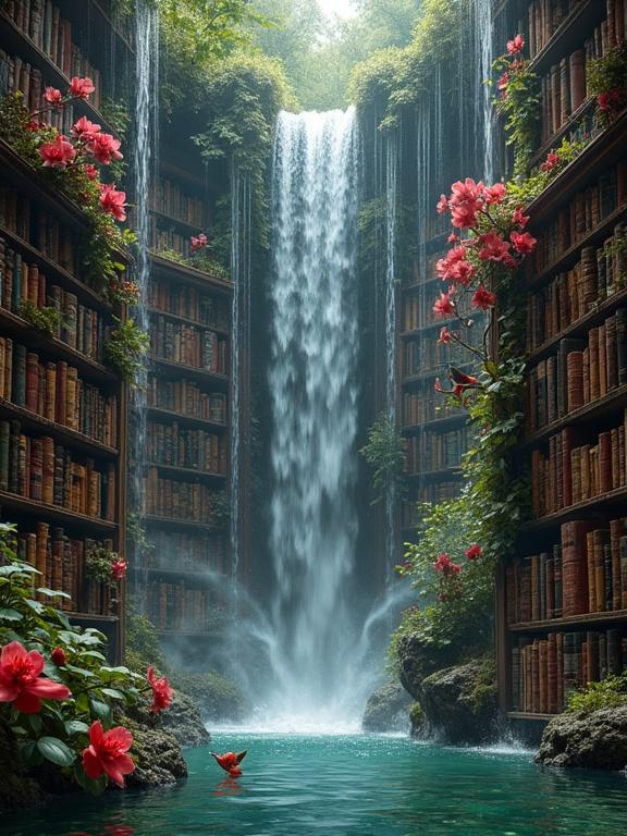 Visualize an intricate bookshelf filled with books surrounded by a gushing waterfall and vibrant flowers. The setting should feel magical and serene with a focus on natural beauty and fantasy.