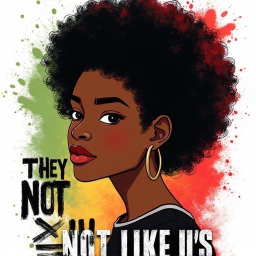 Airbrush-style t-shirt design featuring confident young Black girl with natural afro puffs. Cartoon texture with gold hoop earrings. Bold graffiti script saying 'They Not Like Us'. Vibrant Pan-African background splashes in red, green, black. High resolution for T-shirt print aesthetic.