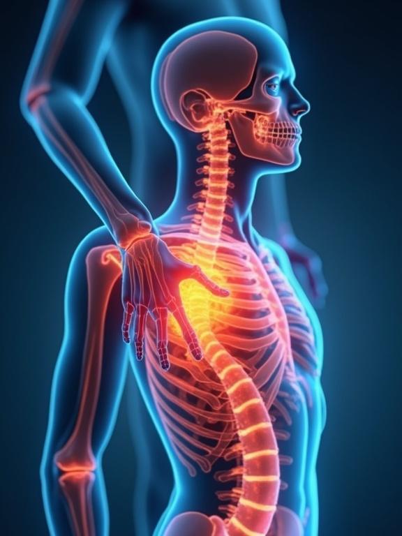 Human anatomy illustration showcasing spine and skeletal structure in glowing colors. Highlights the relationship between calcium absorption and joint health.