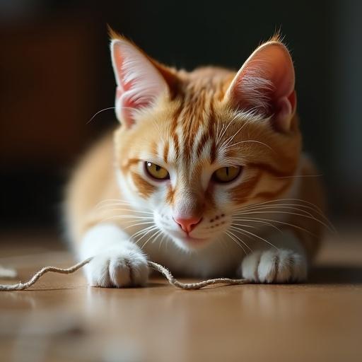 Highly detailed photo of a cat engaging with a string toy. Cat appears focused and playful. Warm tones. Indoor setting.