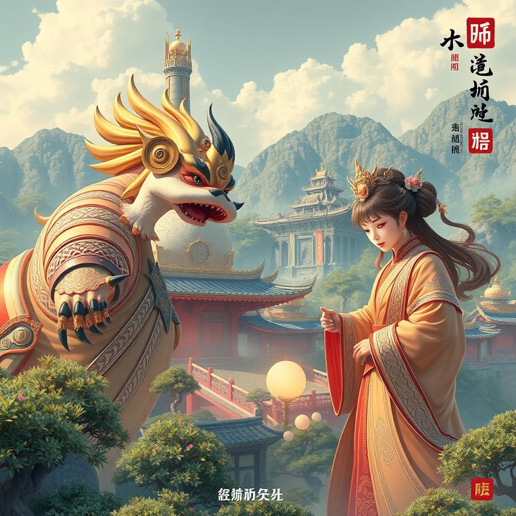 A mythical creature and a traditional woman stand amidst an ancient architectural backdrop.