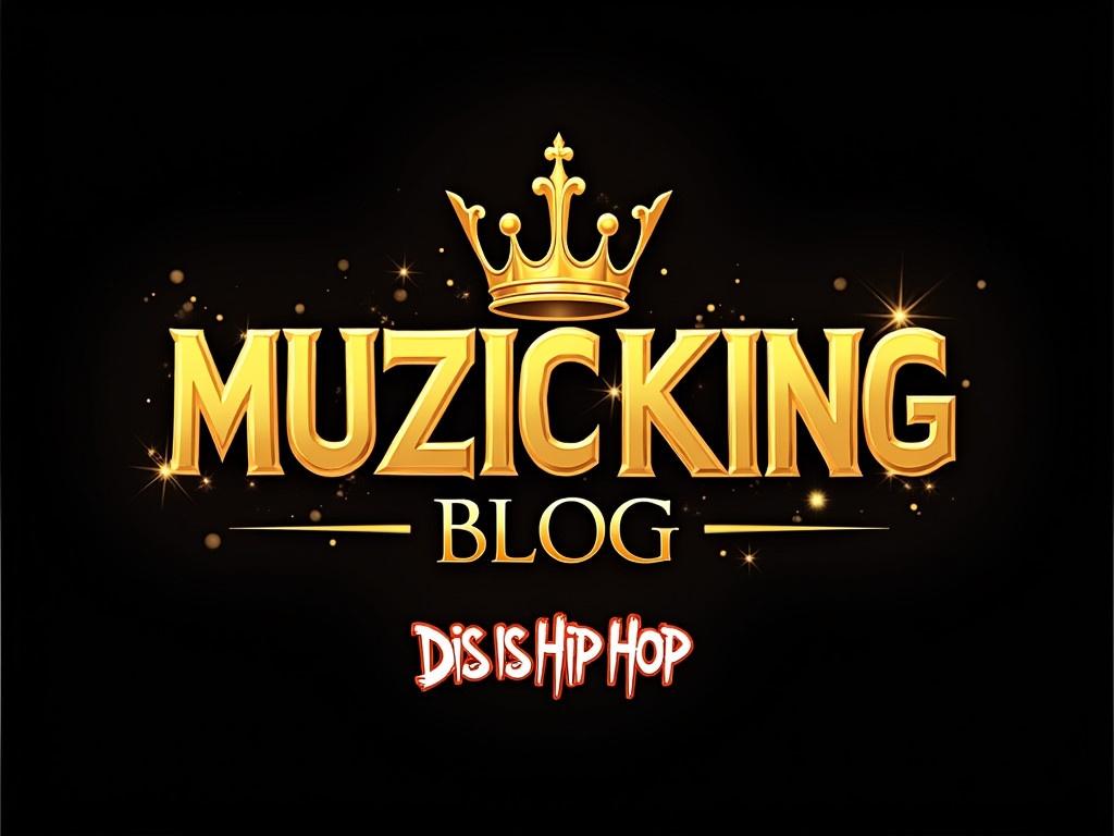 Create a visually striking banner that showcases the title 'Muzic King Blog'. Incorporate a dynamic plug design that seamlessly connects to the phrase 'Dis Is Hip Hop'. Use bold golden typography for 'Muzic King' and 'Blog', with a stylish crown sitting atop the letters to emphasize its royal theme. Ensure the background is a deep black to make the gold pop. For 'Dis Is Hip Hop', use vibrant graffiti-style lettering, adding an urban edge to the overall design. Make sure the plug is creatively integrated, symbolizing a connection between the blog and hip hop culture.