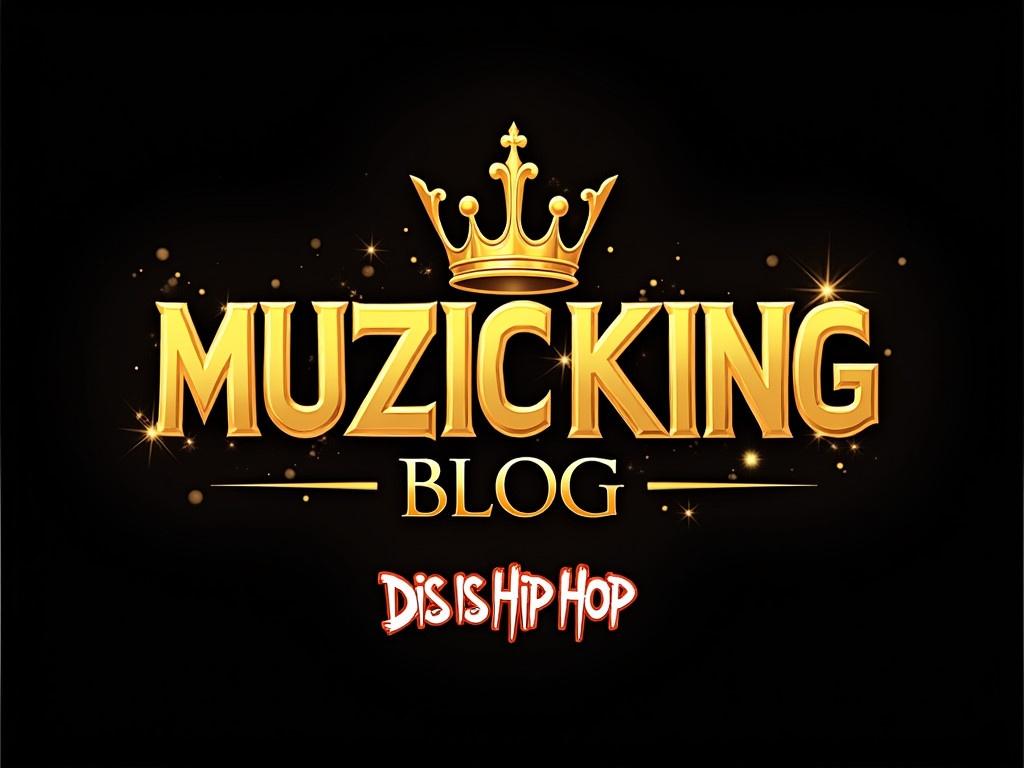 Create a visually striking banner that showcases the title 'Muzic King Blog'. Incorporate a dynamic plug design that seamlessly connects to the phrase 'Dis Is Hip Hop'. Use bold golden typography for 'Muzic King' and 'Blog', with a stylish crown sitting atop the letters to emphasize its royal theme. Ensure the background is a deep black to make the gold pop. For 'Dis Is Hip Hop', use vibrant graffiti-style lettering, adding an urban edge to the overall design. Make sure the plug is creatively integrated, symbolizing a connection between the blog and hip hop culture.