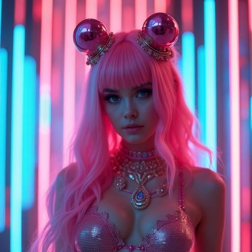 High fashion photograph featuring an anime-inspired couture outfit. Vibrant colorful lights create a futuristic atmosphere. Model showcases unique high fashion style with opulent accessories. Pink-haired model posing in neon lighting, highlighting opulence and creativity.