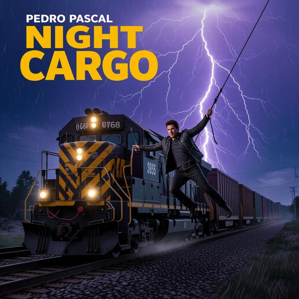 Title in yellow label font. Cargo manifest style. Actor hangs from a freight train. Speeding rain scene. Purple lightning backdrop. Intense headlight effect.