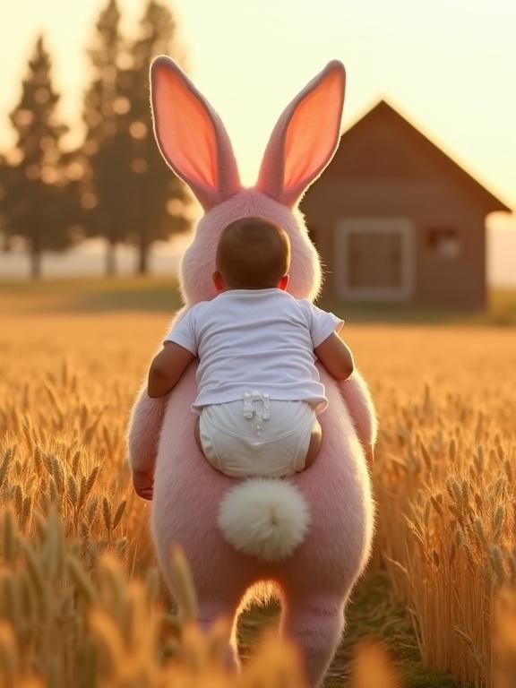 A pink rabbit carries a baby on its back. They walk in a golden wheat field. The sky is warm with sunlight. A farmhouse is in the background. The baby is relaxed in a white onesie. The rabbit has large ears and soft fur. The scene is heartwarming and whimsical.