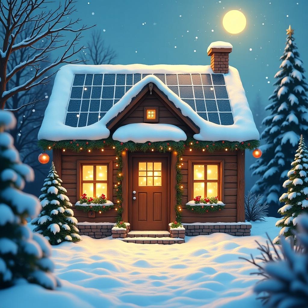 A solar-powered workshop decorated for Christmas. The workshop glows warmly. Christmas decorations are seen outside. Snow blankets the ground and trees. The scene conveys a festive atmosphere and emphasizes eco-friendly energy at the North Pole. A small sun appears in the sky.