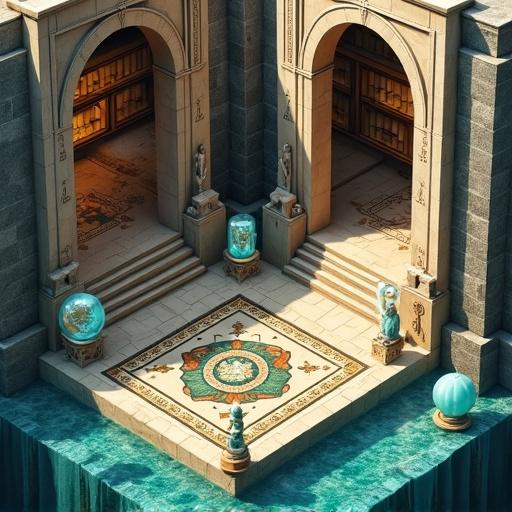 Preserved vault displays grand stone archways shelves filled with sunken scrolls statues of forgotten gods. Levitating water globes drift through. The architectural design emphasizes sacred geometry intricate scroll racks portals of knowledge. A sunken archive has a marble glyph floor magical tomes submerged relics. Blends myth with sci-magic.