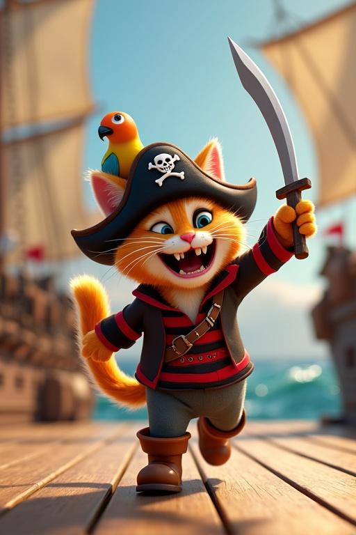 A 3D animated cartoon featuring a mischievous cat dressed as a pirate. The cat wears a red and black striped pirate shirt, brown leather boots, a classic pirate hat with a skull emblem, and an eye patch. A colorful parrot perches on the cat’s shoulder. The cat struts confidently across the deck of a pirate ship sailing on the ocean. The sails billow in the wind and the ocean sparkles in the sun. The cat strikes a bold pose with its toy cutlass raised and laughs loudly.