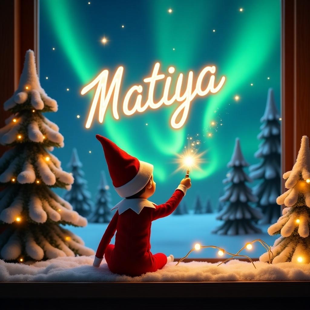 This image features an enchanting Christmas scene with a playful elf on the shelf. The elf, dressed in traditional red and white, is looking up at the sky. A magic wand in its hand creates the glowing word 'Matiya' above in bright script. In the backdrop, stunning northern lights light up the night sky. Surrounding the elf are snow-covered trees twinkling with lights, adding to the festive ambiance.