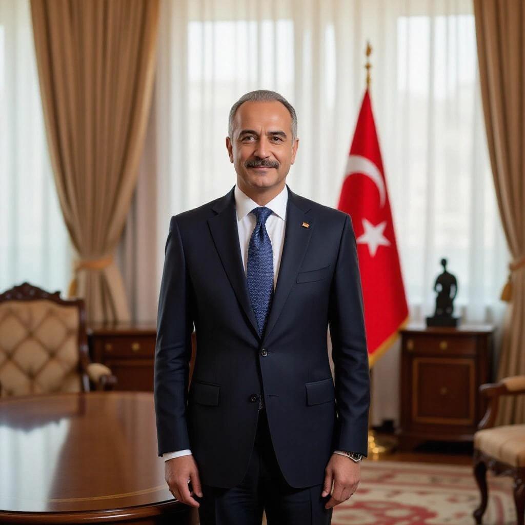 Man in formal suit stands confidently in a presidential office. Turkish flag displayed in the background. Professional and authoritative demeanor.