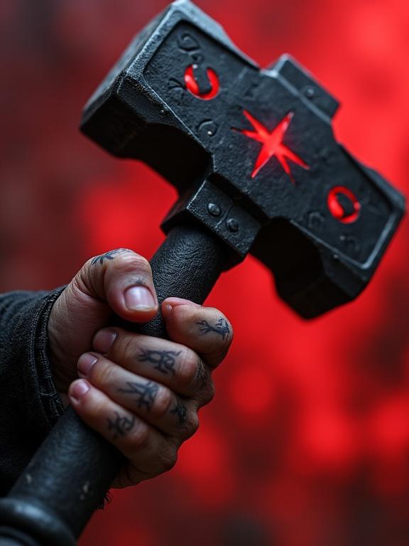 Close-up of a hand gripping a war hammer. The hammer has black metal with red runes. The hand is scarred and calloused, wrapped in leather. Background is deep red and black. Sharp focus on hand and weapon. Vertical orientation.