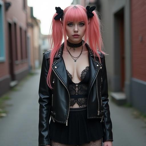 Generate a hyper-realistic cute goth punk woman in an alleyway. She has warm smile, without makeup, light golden hazel eyes. Her colorful hair is tied in two buns with black ribbons. She wears black leather studded jacket and lace short skirt. Her hands have punk goth rings.