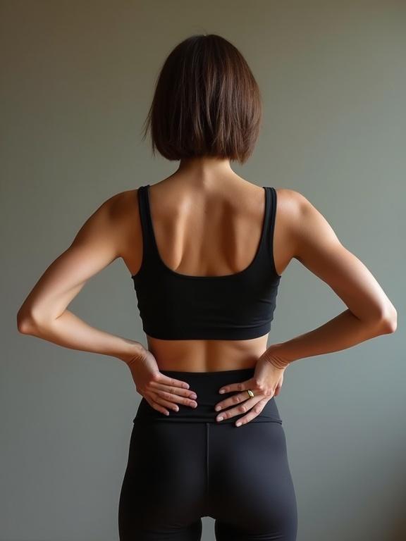 Woman with short hair standing with hands on hips, wearing a black tank top and leggings, viewed from the back.