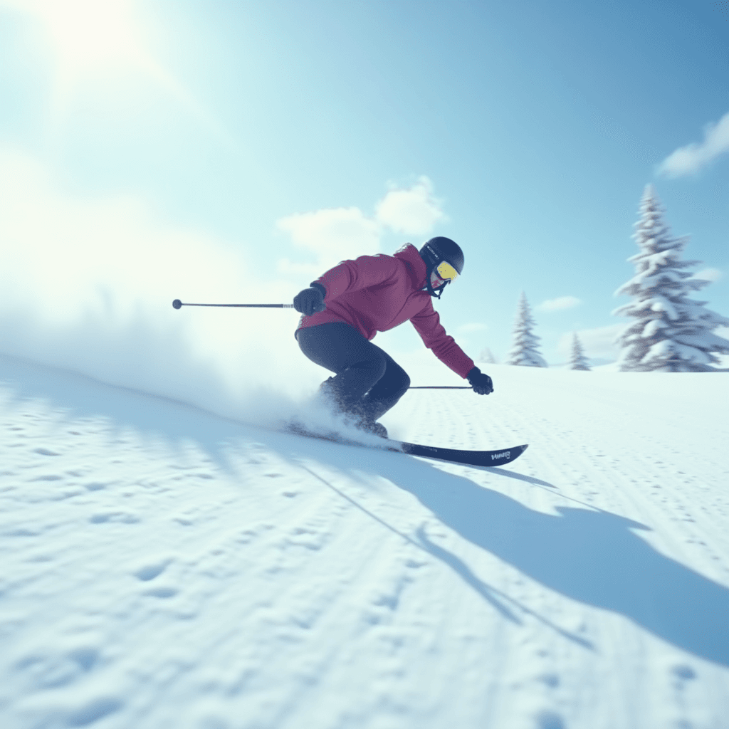 A skier carving through fresh snow under a clear blue sky.