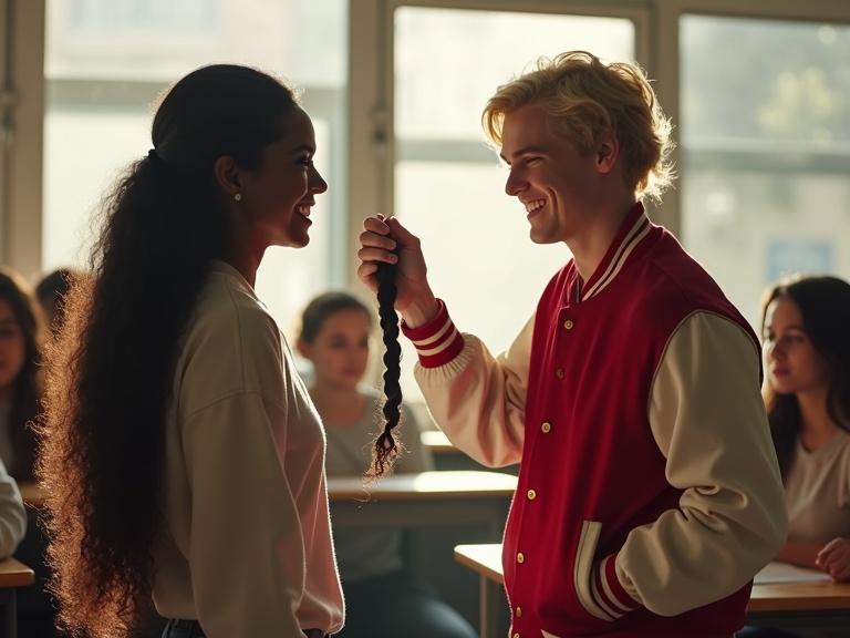 A scene in a classroom with a boy holding a cut braid and a girl looking determined. Other students react in shock. Bright sunlight creates a significant mood.