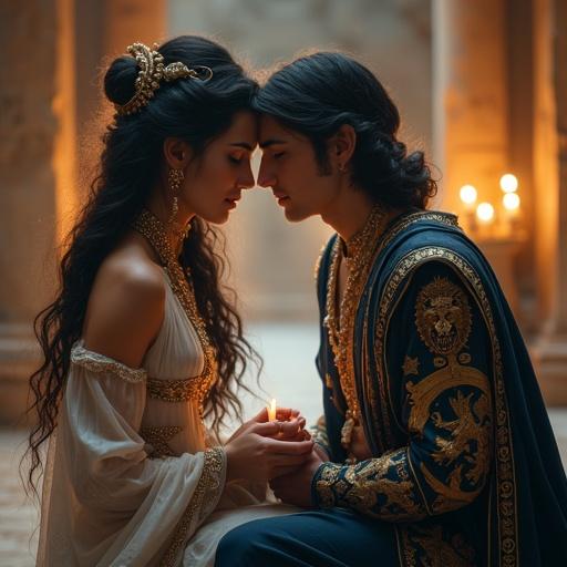 A beautiful woman resembling Ishtar is depicted as the goddess of love and war with black braided hair and golden ornaments. She wears a semi-transparent robe embroidered with golden designs. She has glowing skin and wise eyes. The young wizard in navy robes has magical scrolls around him. They share a serene moment in candlelit ancient ruins. The scene is photorealistic and in ultra-high 8K resolution.