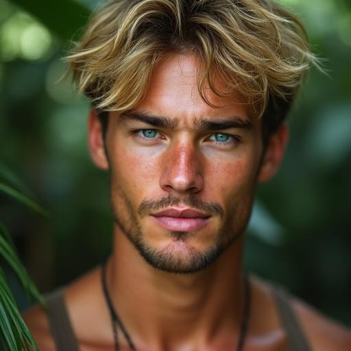 Professional medium close up image of a handsome muscular young jungle survivor. Tousled blonde hair and blue eyes in outdoor soft lighting. Background foliage is blurred. Relaxed expression with a hint of a smile. Diamond shaped face with high cheekbones and a defined jawline. Muscular arms and broad shoulders. Natural highlights in hair.