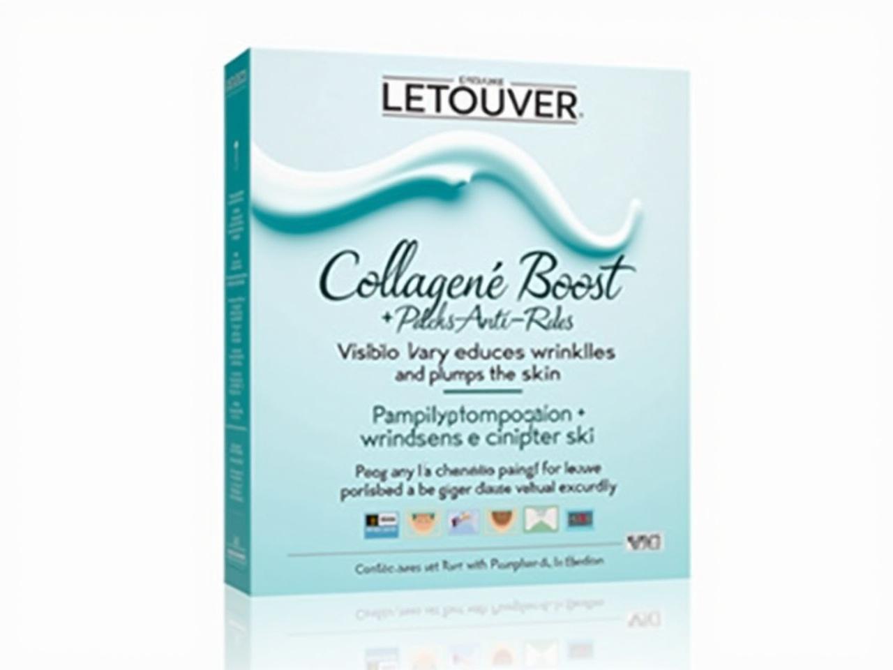 This is a 3D packaging design for a skincare product. The packaging features the branding 'LETOUVER' prominently at the top. Below, it highlights 'Collagène Boost + Patchs Anti-Rides' in an attractive font. The design incorporates a blue, cream-like visual that suggests hydration and rejuvenation. It outlines the benefits, stating it visibly reduces wrinkles and plumps the skin. The kit is labeled as a complete set with specific patches for different facial areas, all creatively arranged to enhance the overall presentation.