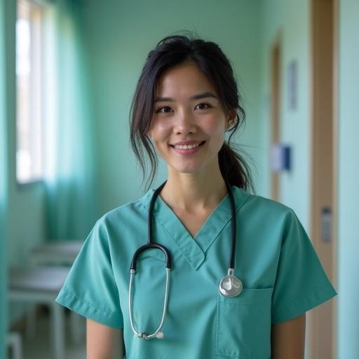 An image of a nurse in scrubs standing in a hospital room. The nurse is smiling gently. The room has a light green color scheme with natural lighting. The focus is on the nurse and a stethoscope around their neck.