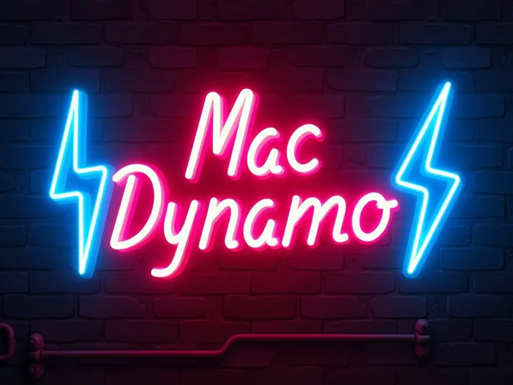 This image features a vibrant neon sign that reads 'Mac Dynamo'. The sign is flanked by two bright blue lightning bolts, enhancing its electric vibe. Set against a dark brick background, the neon colors pop out vividly. The text 'Mac Dynamo' is styled in a playful, cursive font, glowing in shades of pink. This image embodies a modern and lively atmosphere, perfect for urban settings and entertainment venues.