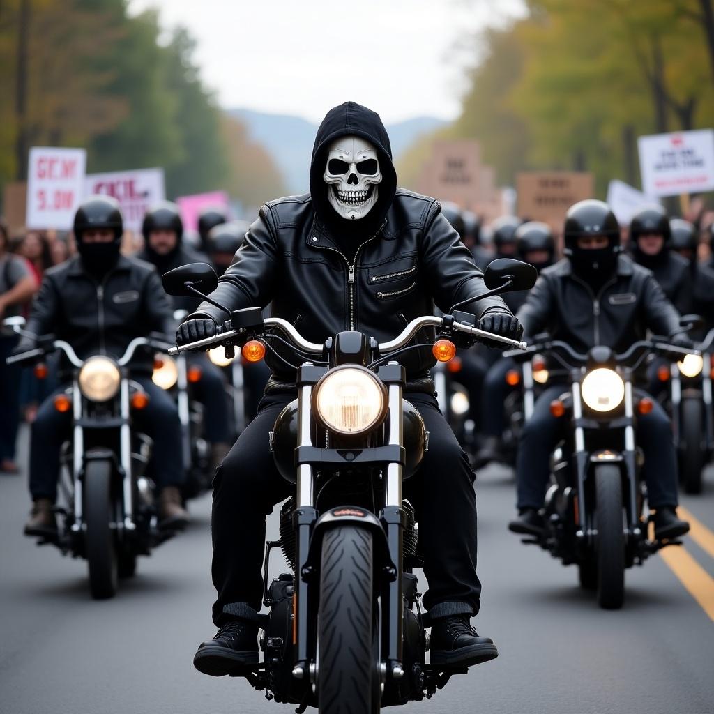 Motorcyclist leads procession of bikers wearing black against backdrop of protest signs. Enthusiastic bikers showcase unity and style. Focus on motorcycle culture and expression.