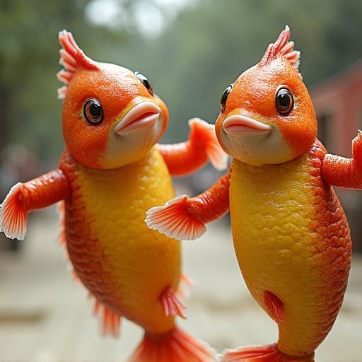 Two colorful fish dancing. Characters resemble bright fish with ketchup and mustard.