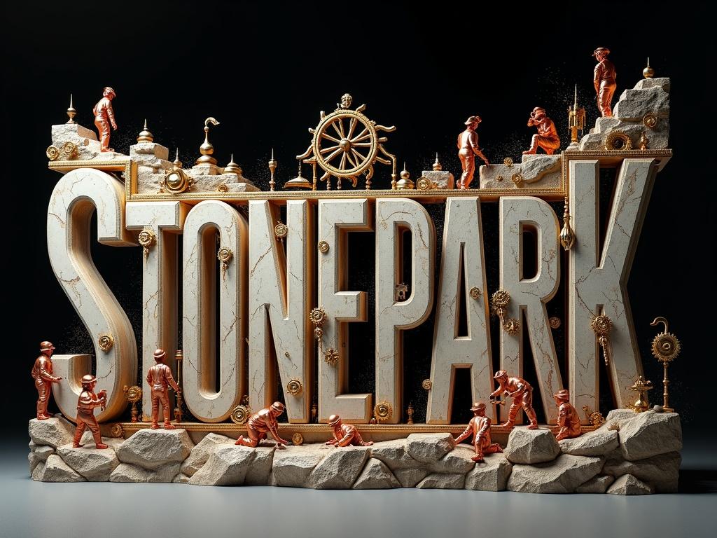3D typographic artwork spelling 'STONEPARK' in steampunk style. Letters carved from marble and granite. Brass and copper inlays on surfaces. Beveled edges like architectural columns. Elements like compass dials, chisels, and mechanical cranes in letters. Steampunk workers depicted in copper suits. Black fog background with stone dust and golden particles. High contrast and ultra-detailed composition.