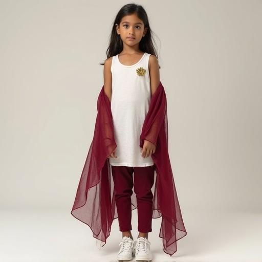 Photorealistic image of a girl wearing a sheer cotton kameez. Maroon dupatta drapes from her shoulder to her knees. Pants are also maroon. White sneakers worn. Metallic white name card on the top right shoulder. Golden color metal lotus crest above the name tag. Fabrics are sheer enough to see skin. Low cut white tank top visible through white kameez.