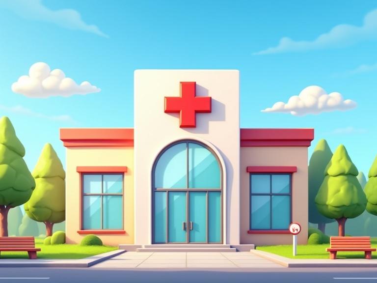Front view of a cartoon-style hospital building. Large red cross symbol. Glass entrance doors. Trees and benches around. Blue sky with soft clouds. Bright lighting. Welcoming atmosphere. Stylized architecture.