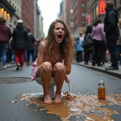 A girl screams while sitting on the ground in a busy street. Crowded urban environment in New York City. Brown liquid spills across asphalt. Onlookers view the scene. Capture unexpected behavior in public.