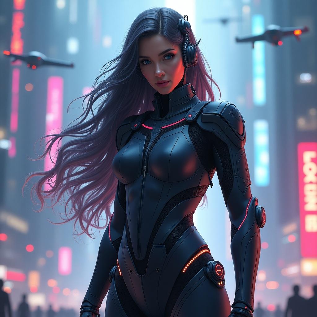 The image features a female character named Octavia, dressed in a sleek, futuristic suit that highlights her figure. She has long, flowing hair and wears high-tech headphones, hinting at a cybernetic theme. The background is filled with neon lights and a bustling urban environment, suggesting a vibrant nightlife. Drones can be seen flying above, adding to the futuristic atmosphere. Octavia stands confidently, embodying strength and technology's advanced nature in a cyberpunk world.