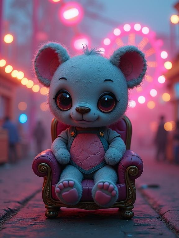Chibi teddy bear seated on a pink chair with a carnival backdrop. Image shows a toy-botanical fusion and stitched textures. The scene features glowing neon elements in a surreal pastel fog. Background includes a theme park with a carousel and carnival energy.