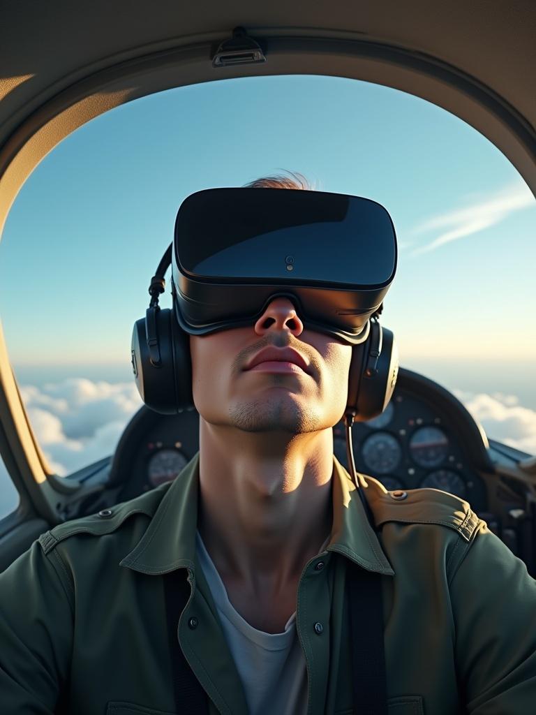 Cinematic landscape of pilot training experience. Pilot in a cockpit using a VR headset. Detailed view of open skies visible through the cockpit window. Simulating flight experience through technology. Pilot engaged with virtual reality.