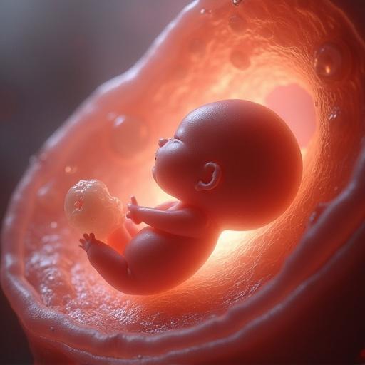 Highly detailed early stage human embryo. Viewed under a microscope. Surrounded by amniotic fluid. Photorealistic appearance. Warm colors. Scientific accuracy observed.