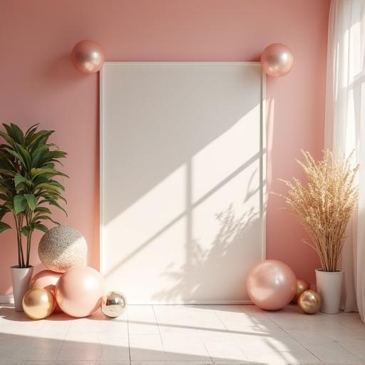 Interior space designed as a photography studio background. Decorated with balloons in soft colors. Clean and unobstructed floor space. Light color tones in decoration. Birthday decoration style with natural illumination. Minimal shadows present.