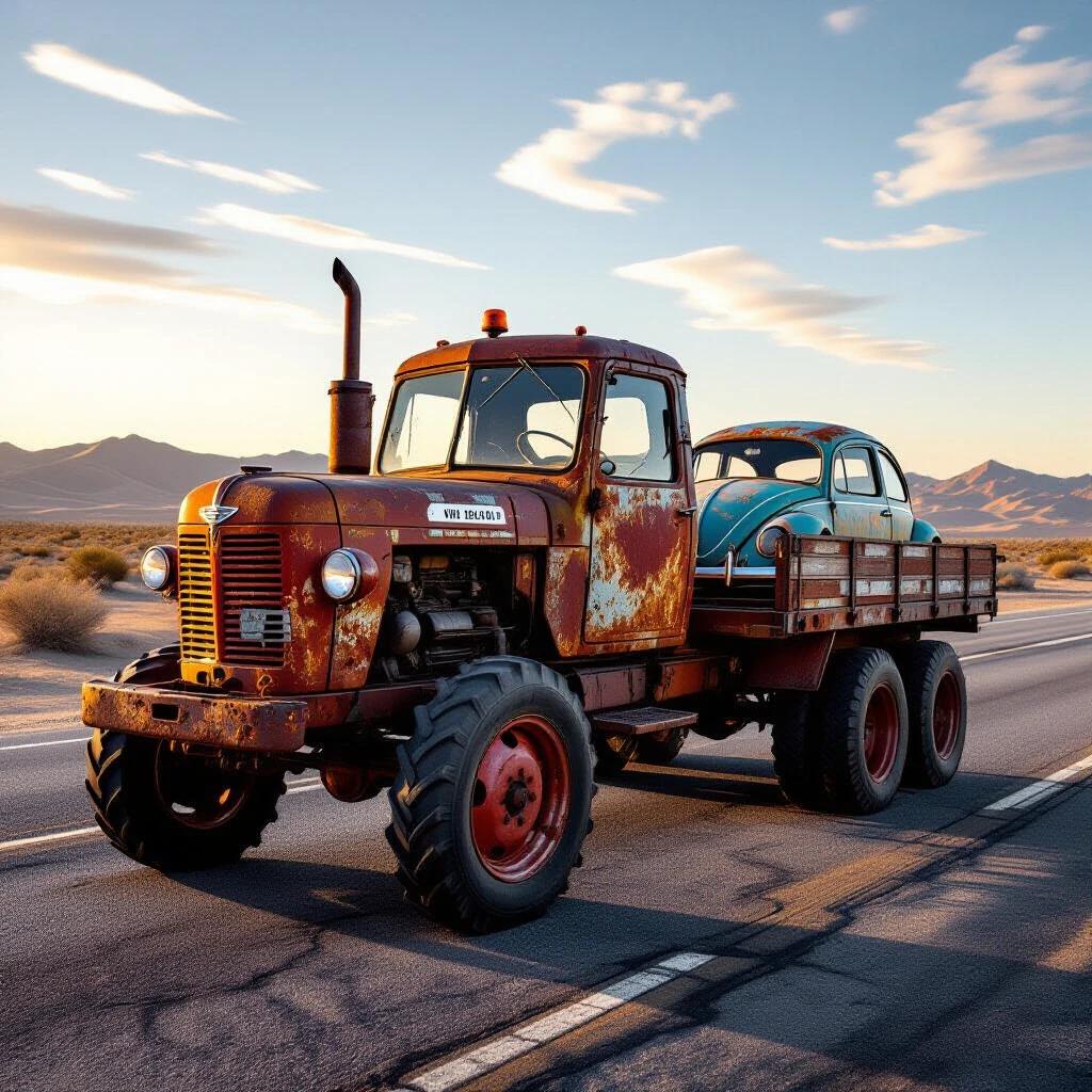 Ultra realistic photograph of a neglected 1950s tractor. The tractor is heavily rusted with textured iron oxide and peeling paint. There are deep corrosion pits and thick grime streaks. It hauls a battered flatbed trailer with warped wood planks. On the trailer is a rusted 1949 VW Beetle. The photo captures extreme sharpness and insane details focusing on the tractor's decay. The setting is a desert highway at sunset, featuring motion blur on the cracked asphalt and dust clouds around the tractor's wheels with a swirly bokeh effect over distant dunes. The shot is taken from a low angle, showing the driver's weathered hand on the open cabin window. The lighting is volumetric representing classic industrial decay in photorealistic quality.