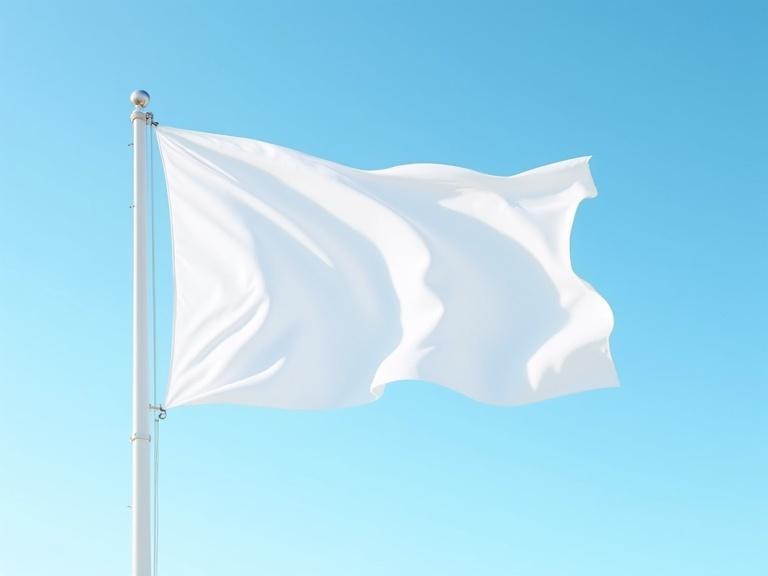 White flag made of silk fabric flutters in a clear blue sky. Minimalistic appearance and artistic look. Digital art created with high resolution. Ideal for backgrounds or symbols.